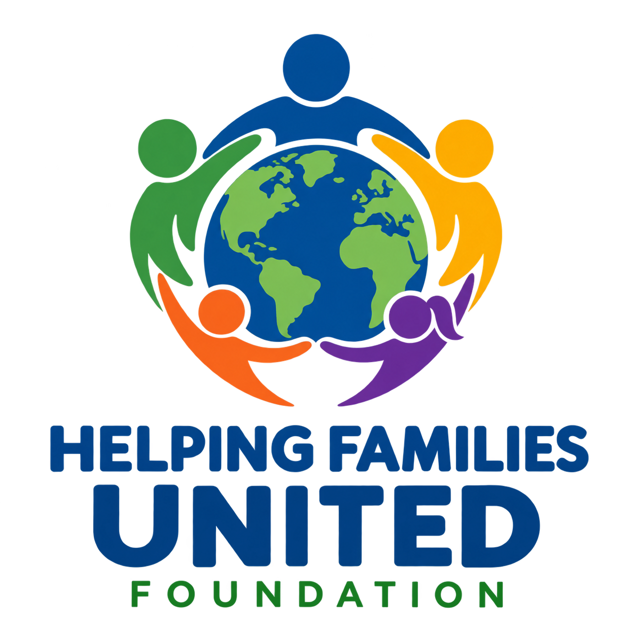Helping Families United Foundation logo: five people of different colors holding hands around a globe